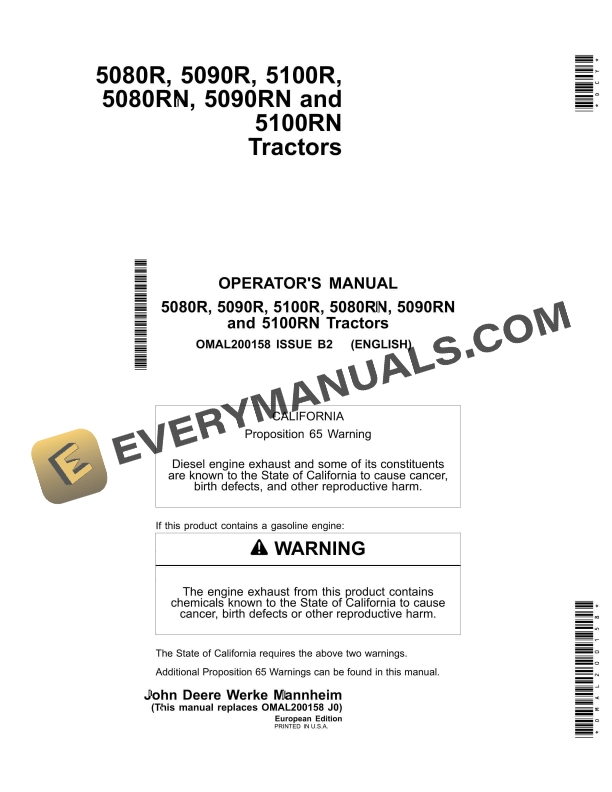 John Deere 5080r, 5090r, 5100r, 5080rn, 5090rn 5100rn Tractors Operator Manuals OMAL200158-1