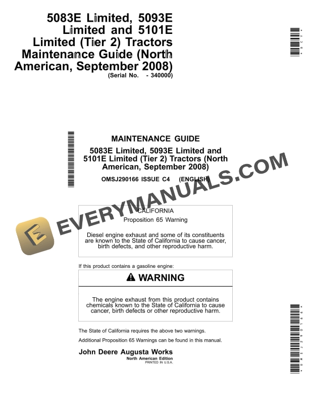 John Deere 5083E Limited, 5093E Limited, 5101E Limited (Tier 2) Tractor Maintenance Guide OMSJ290166 2 John Deere 5083E Limited, 5093E Limited and 5101E Limited (Tier 2) Tractor Operator Manual OMSJ290166-1
