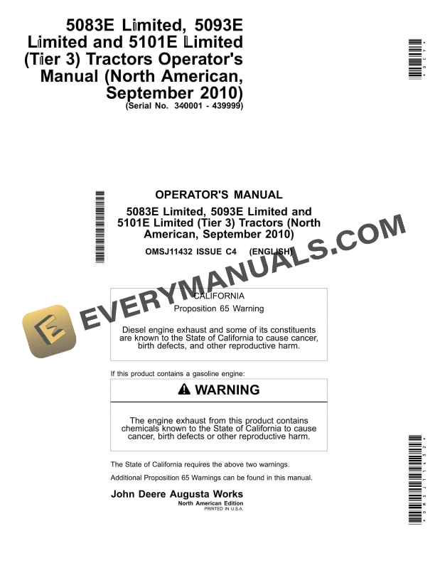 John Deere 5083E Limited, 5093E Limited and 5101E Limited (Tier 3) Tractor Operator Manual OMSJ11432-1