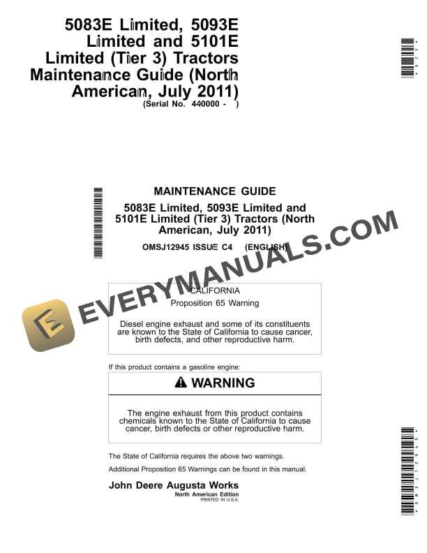 John Deere 5083E Limited, 5093E Limited and 5101E Limited (Tier 3) Tractor Operator Manual OMSJ12945-1