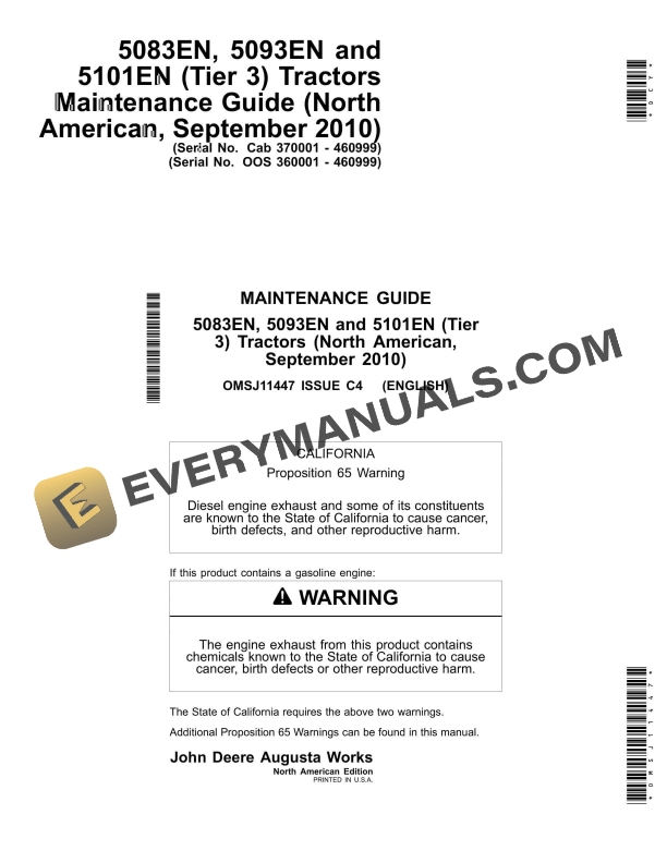 John Deere 5083EN, 5093EN and 5101EN (Tier 3) Tractor Operator Manual OMSJ11447-1
