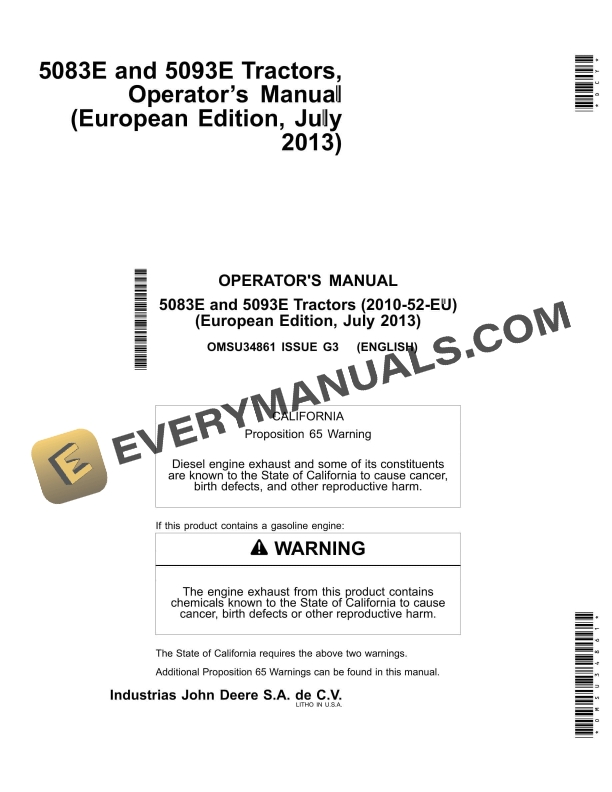 John Deere 5083e And 5093e Tractors Operator Manuals OMSU34861-1