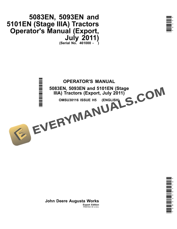 John Deere 5083en, 5093en And 5101en (stage Iiia) Tractors Operator Manuals OMSU30116-1