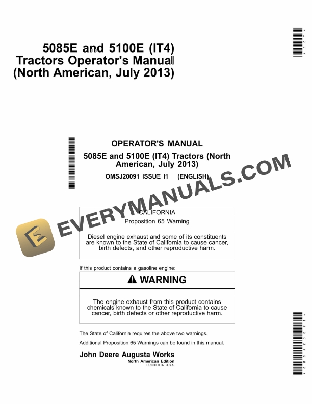 John Deere 5085E and 5100E (IT4 Tractor Operator Manual OMSJ20091-1