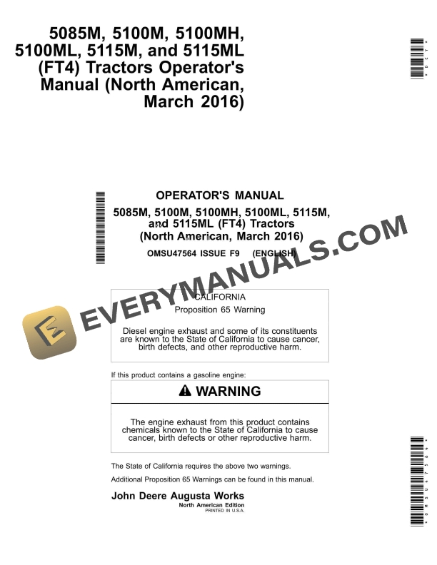 John Deere 5085M, 5100M, 5100MH, 5100ML, 5115M, 5115ML (FT4) Tractor Operator Manual OMSU47564 3 John Deere 5085M, 5100M, 5100MH, 5100ML, 5115M,and 5115ML (FT4) Tractor Operator Manual OMSU47564-1