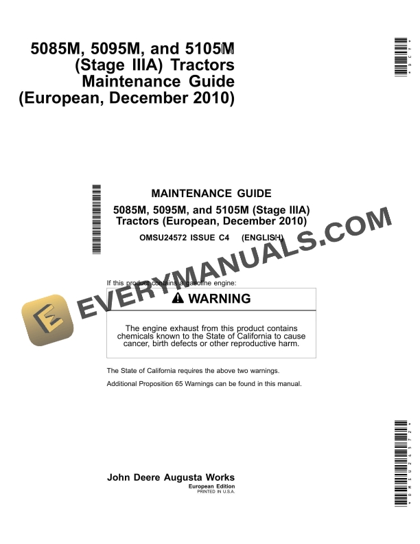 John Deere 5085m, 5095m, And 5105m (stage Iiia) Tractors Operator Manuals OMSU24572-1