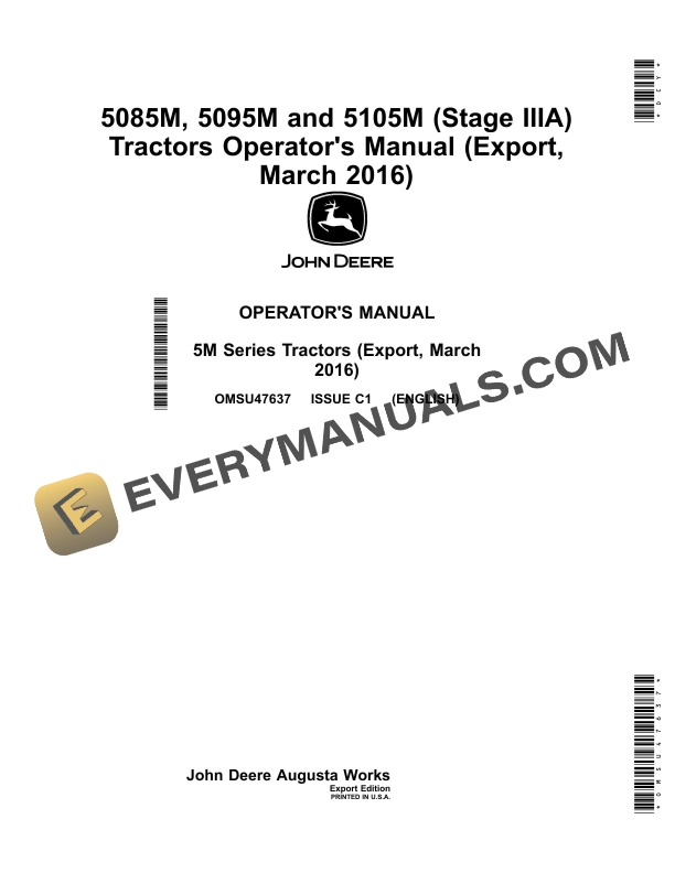 John Deere 5085M, 5095M, 5105M (Stage IIIA) Tractors Operator Manual OMSU47637 2 John Deere 5085m, 5095m And 5105m (stage Iiia) Tractors Operator Manuals OMSU47637-1