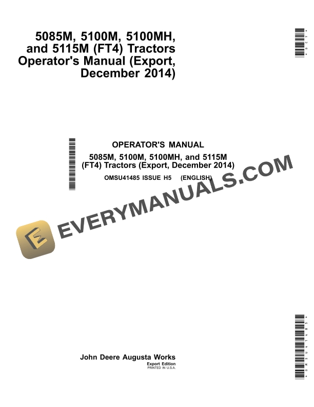 John Deere 5085m, 5100m, 5100mh, And 5115m (ft4) Tractors Operator Manuals OMSU41485-1