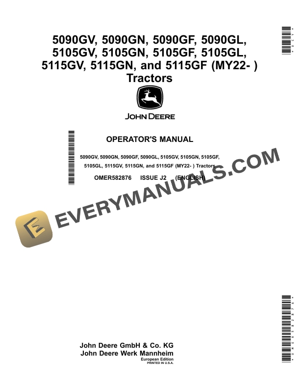 John Deere 5090gv, 5090gn, 5090gf, 5090gl, 5105gv, 5105gn, 5105gf, 5105gl, 5115gv, 5115gn, And 5115gf (my22 Operator Manuals OMER582876-1