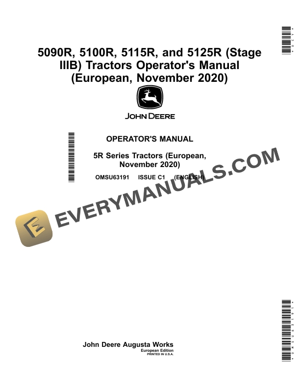 John Deere 5090R, 5100R, 5115R, 5125R (Stage IIIB) Tractors Operator Manual OMSU63191 1 John Deere 5090r, 5100r, 5115r, And 5125r (stage Iiib) Tractors Operator Manuals OMSU63191-1