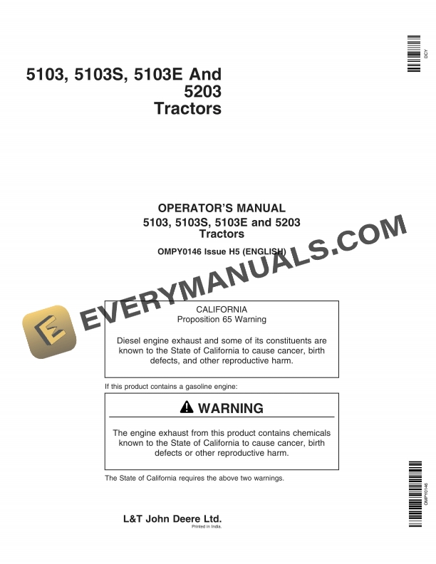 John Deere 5103, 5103s, 5103e And 5203 Tractors Operator Manuals OMPY0146-1