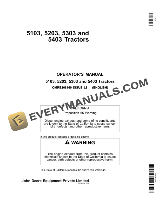 John Deere 5103 5203 5303 5403 Tractor Operator Manual OMRE268160-1