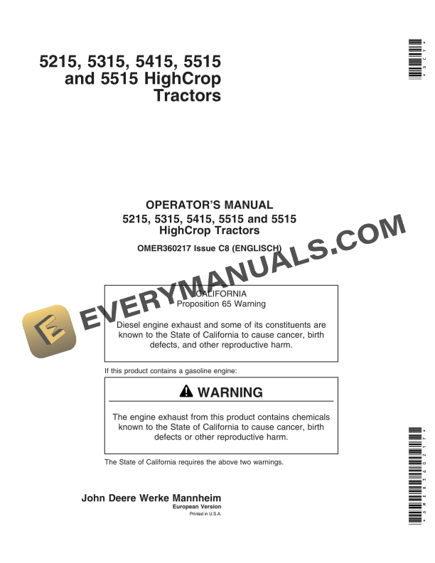 John Deere 5215, 5315, 5415, 5515 And 5515 Highcrop Tractors Operator Manuals OMER360217-1