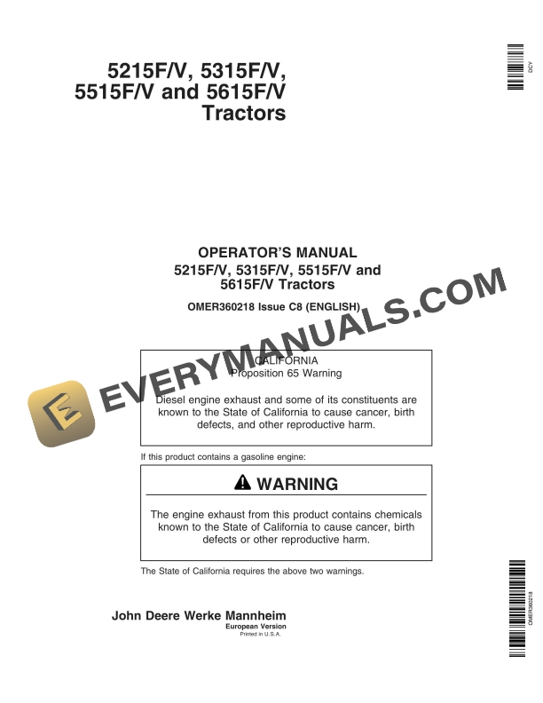 John Deere 5215f V, 5315f V, 5515f V And 5615f V Tractors Operator Manuals OMER360218-1