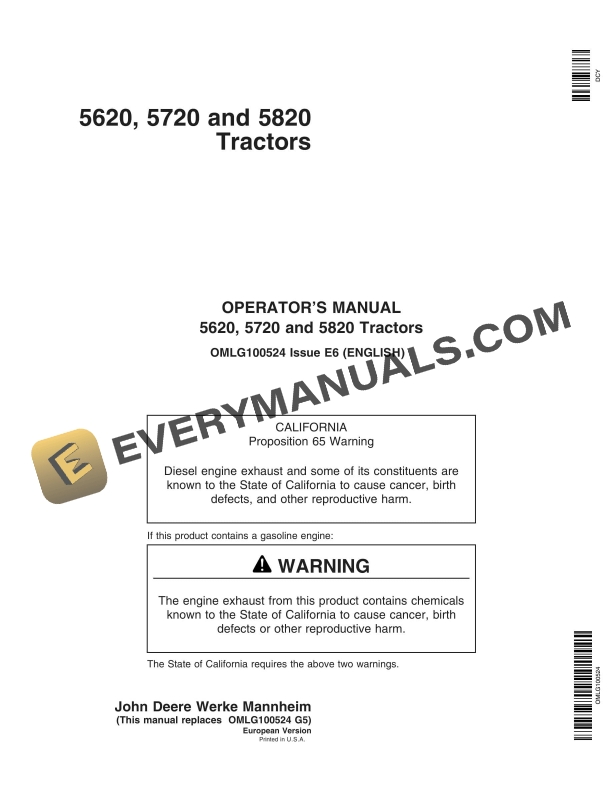 John Deere 5620, 5720, 5820 Tractors Operator Manual OMLG100524 1 John Deere 5620, 5720 And 5820 Tractors Operator Manuals OMLg100524-1