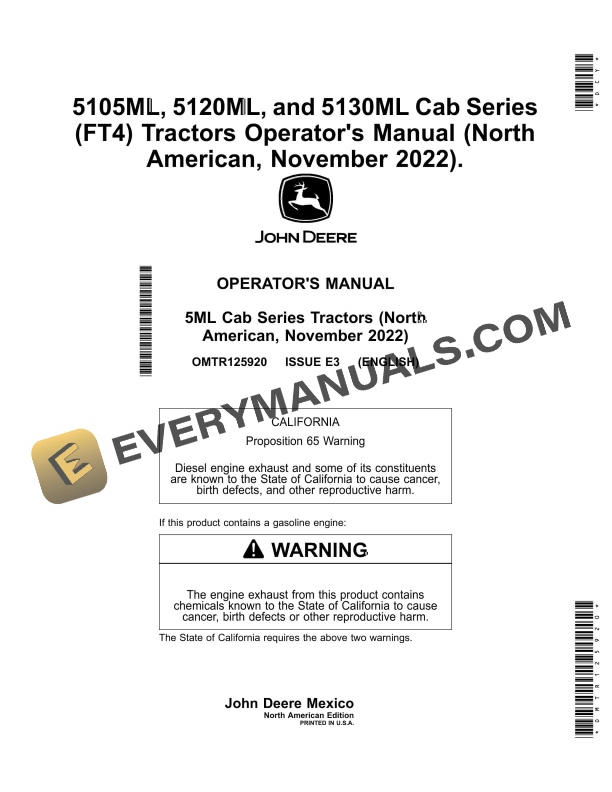 John Deere 5ml Cab Series Tractors Operator Manuals OMTR125920-1
