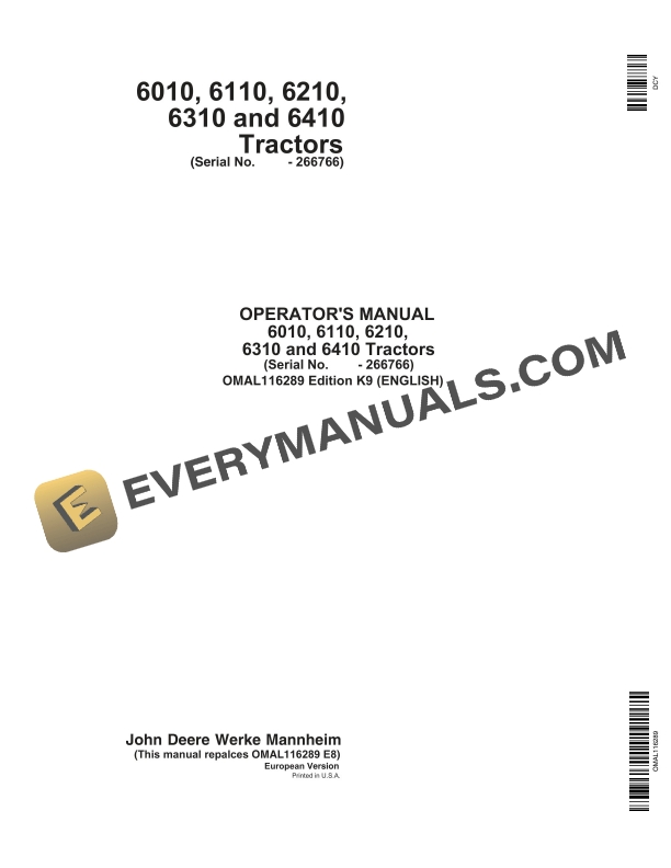 John Deere 6010, 6110, 6210, 6310 6410 Tractors Operator Manuals OMAL116289-1