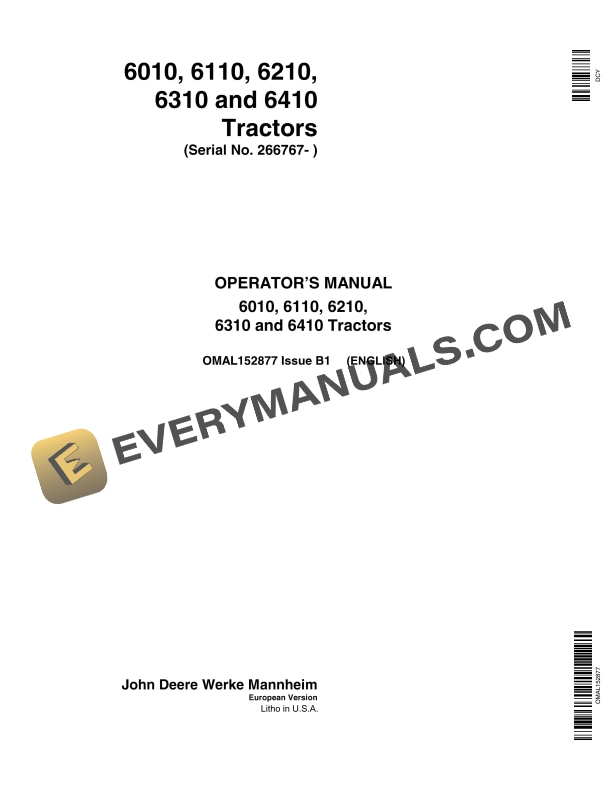 John Deere 6010 6110 6210 6310 6410 Tractors Operator Manuals OMAL152877-1