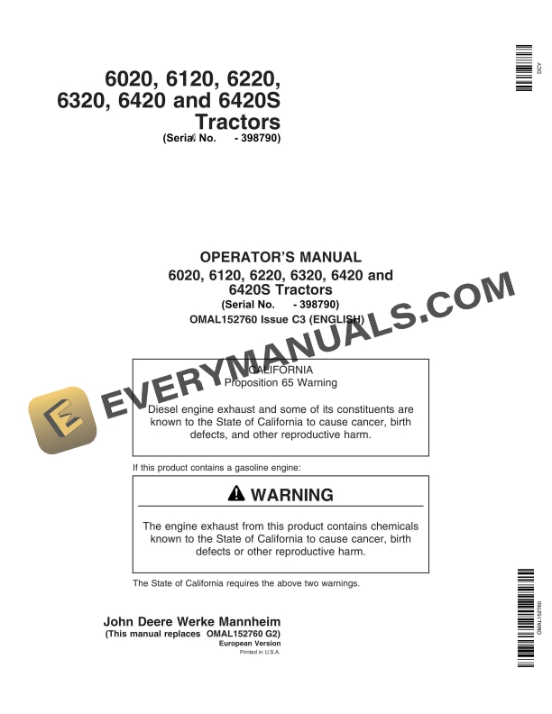 John Deere 6020, 6120, 6220, 6320, 642 6420s Tractors Operator Manuals OMAL152760-1