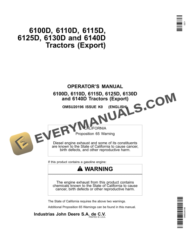John Deere 6100d, 6110d, 6115d, 6125d, 6130d And 6140d Tractors Operator Manuals OMSU20196-1