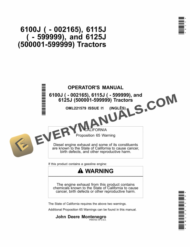 John Deere 6100j 6115j 6125j Tractors Operator Manuals OML221579-1