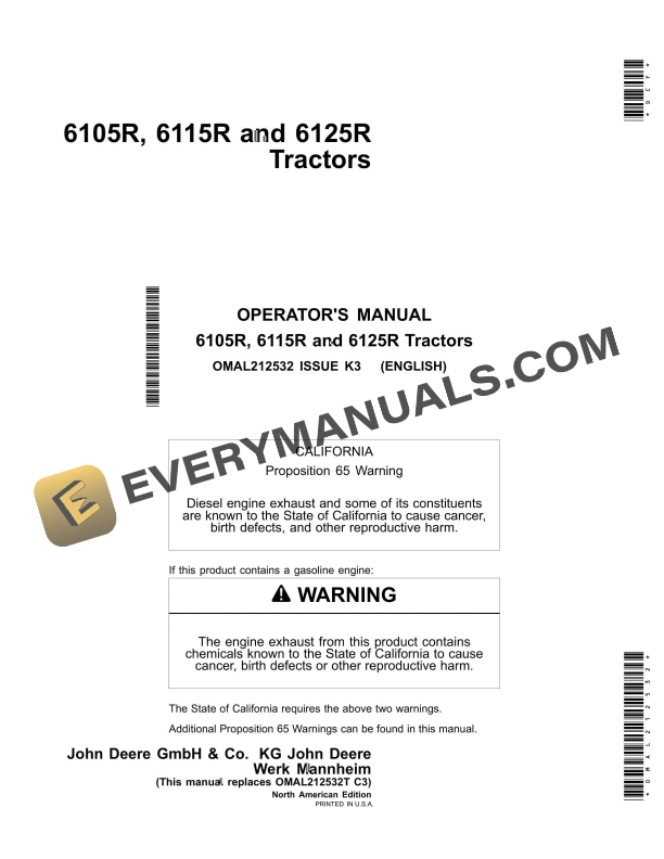 John Deere 6105R, 6115R and 6125R Tractor Operator Manual OMAL212532-1