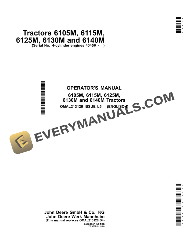 John Deere 6105m, 6115m, 6125m, 6130m And 6140m Tractors Operator Manuals OMAL213126-1