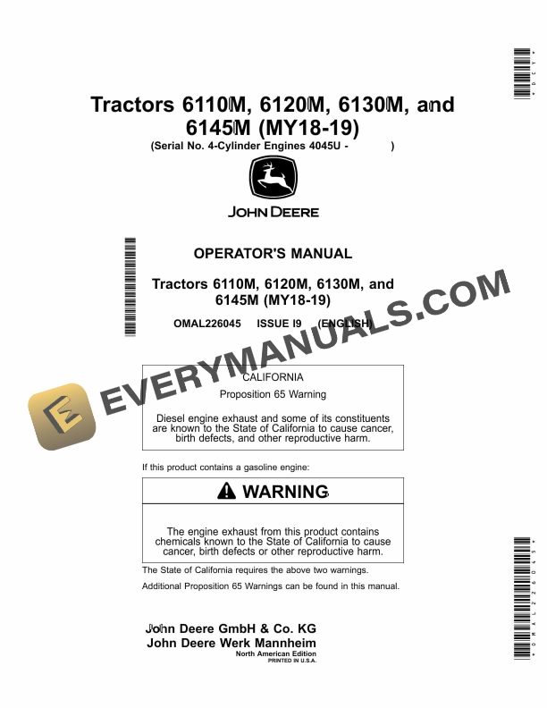 John Deere 6110M, 6120M, 6130M, and 6145M Tractor Operator Manual OMAL226045-1