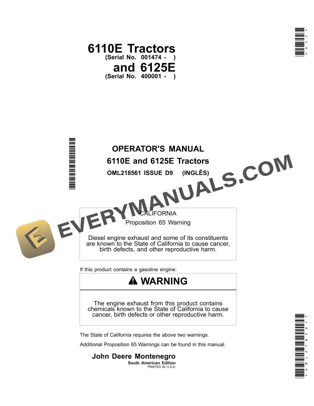 John Deere 6110e And 6125e Tractors Operator Manuals OML218561-1