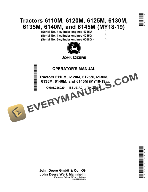 John Deere 6110M, 6120M, 6125M, 6130M, 6135M, 6140M, 6145M (MY18-19) Tractors Operator Manual OMAL226029 2 John Deere 6110m, 6120m, 6125m, 6130m, 6135m, 6140m, And 6145m Tractors Operator Manuals OMAL226029-1