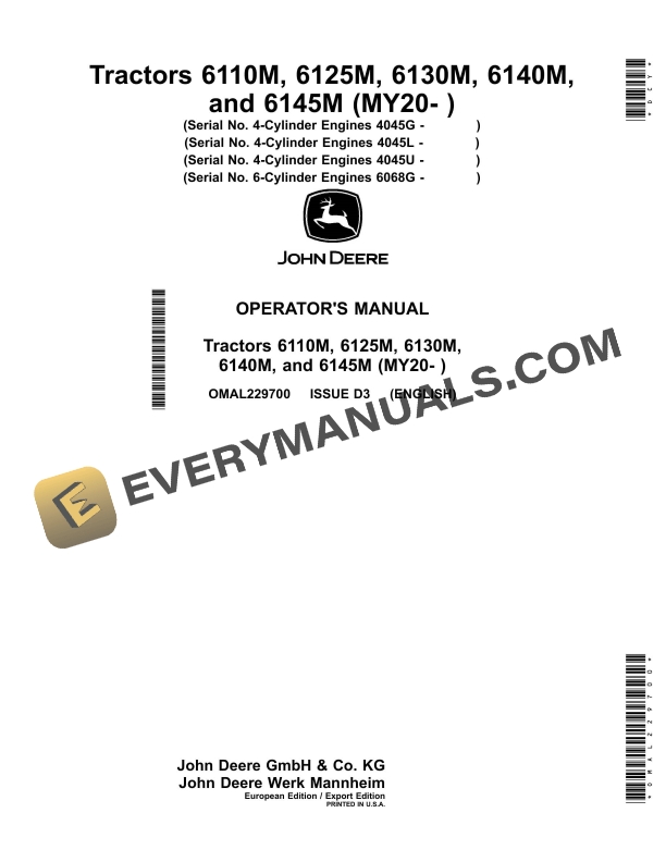 John Deere 6110m, 6125m, 6130m 6140m, And 6145m (my20- ) Tractors Operator Manuals OMAL229700-1