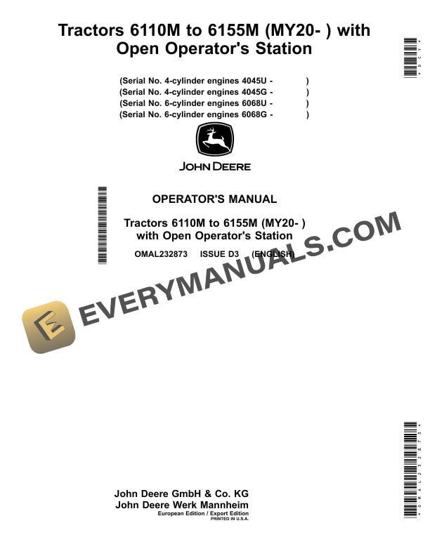 John Deere 6110m To 6155m (my20- ) Tractors Operator Manuals OMAL232873-1