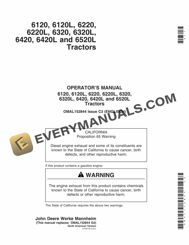 John Deere 6120, 6120L, 6220, 6220L, 6320, 6320L, 6420, 6420L and 6520L Tractor Operator Manual OMAL152844-1