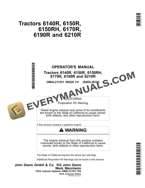 John Deere 6140R, 6150R, 6150RH, 6170R, 6190R and 6210R Tractor Operator Manual OMAL211531-1