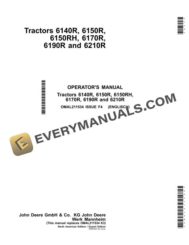 John Deere 6140r, 6150r, 6150rh, 6170r, 6190r And 6210r Tractors Operator Manuals OMAL211534-1