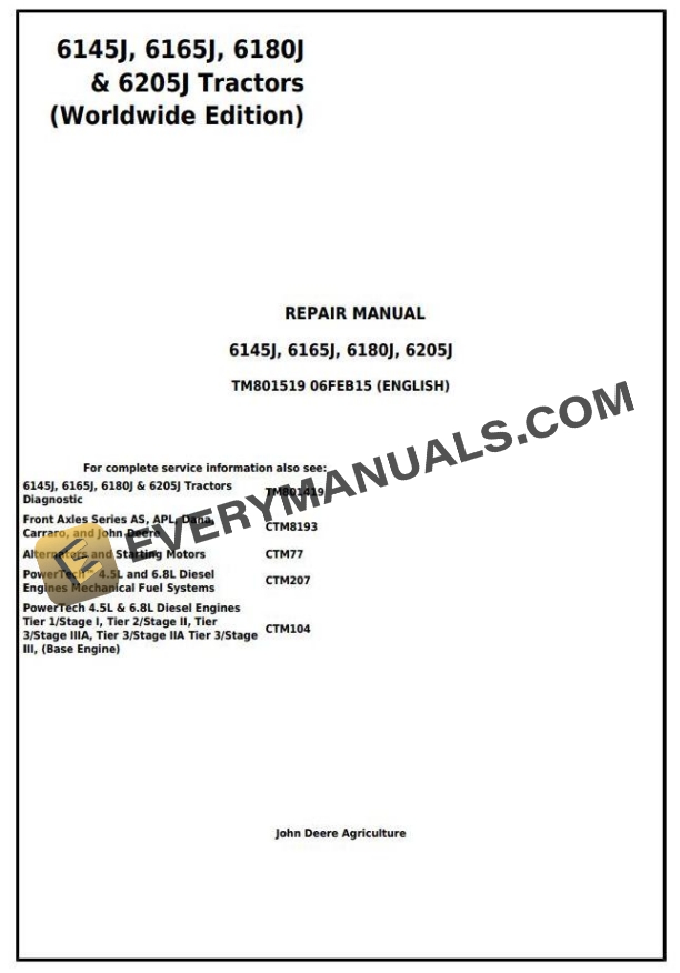 John Deere 6145J 6165J 6180J 6205J Tractor Repair Manual TM801519 2 John Deere 6145J 6165J 6180J 6205J Tractor Repair Manual TM801519
