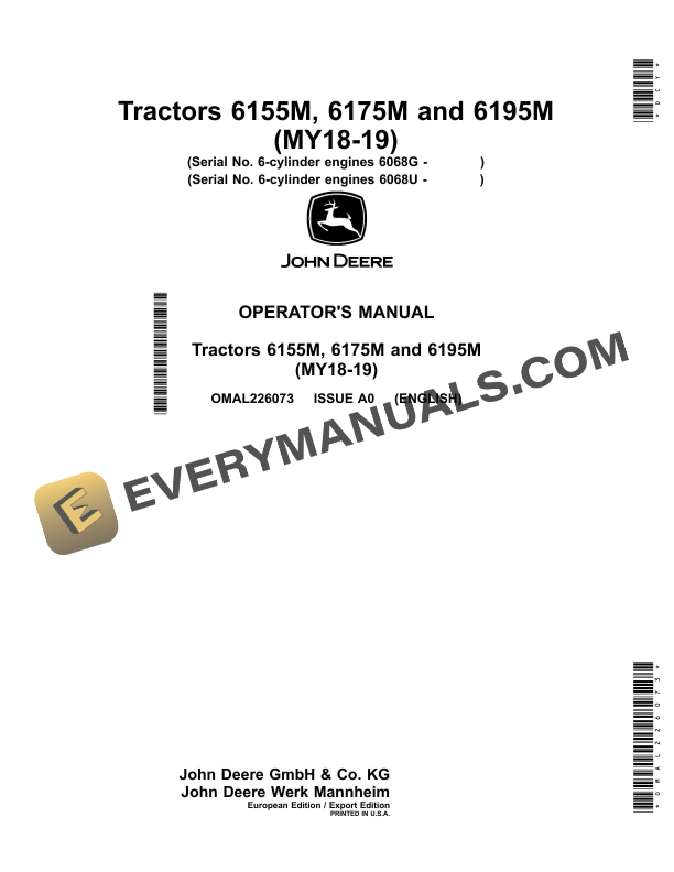 John Deere 6155M, 6175M, 6195M (MY18-MY19) Tractor Operator Manual OMAL226073 2 John Deere 6155m, 6175m And 6195m Tractors Operator Manuals OMAL226073-1