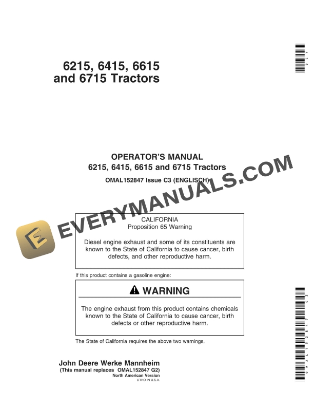 John Deere 6215, 6415, 6615 And 6715 Tractors Operator Manuals OMAL152847-1