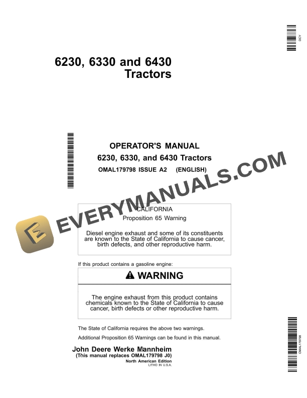 John Deere 6230, 6330, and 6430 Tractor Operator Manual OMAL179798-1