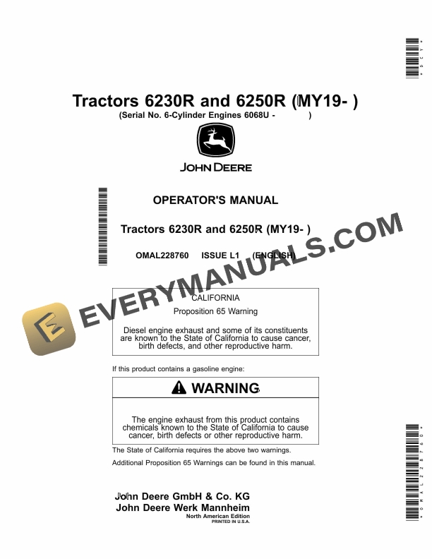 John Deere 6230r And 6250r Tractors Operator Manuals OMAL228760-1