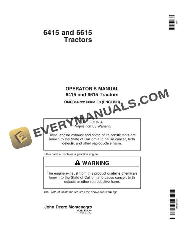 John Deere 6415 And 6615 Tractors Operator Manuals OMCQ56722-1