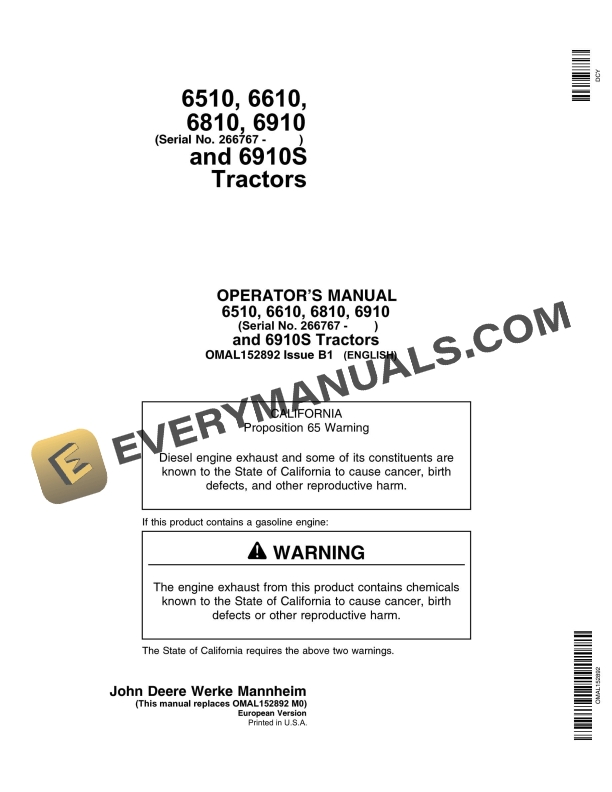 John Deere 6510 6610 6810 6810 6910s Tractors Operator Manuals OMAL152892-1