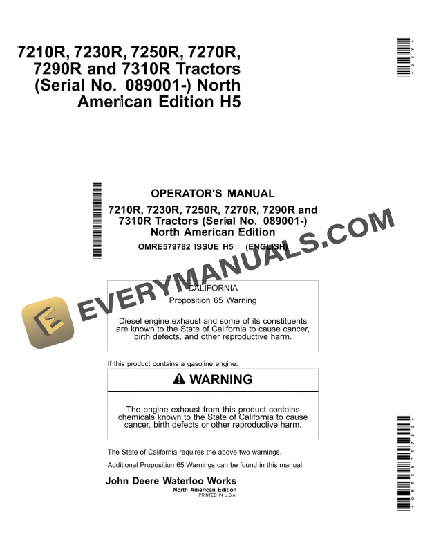 John Deere 7210R, 7230R, 7250R, 7270R, 7290R and 7310R Tractor Operator Manual OMRE579782-1