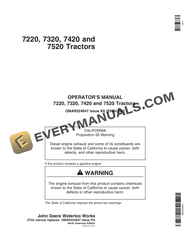 John Deere 7220, 7320, 7420 and 7520 Tractor Operator Manual OMAR224647-1