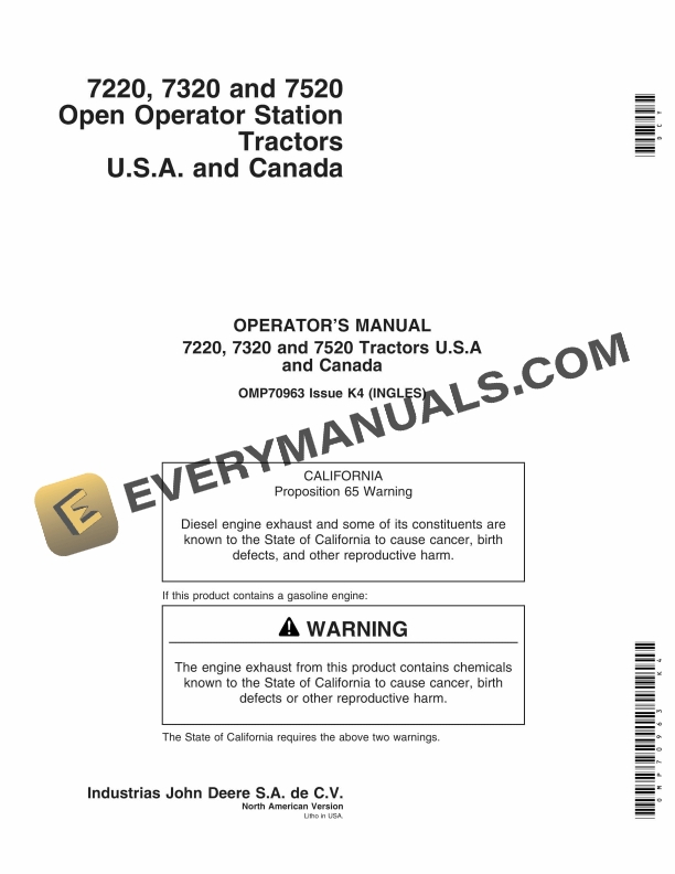 John Deere 7220, 7320 And 7520 Tractors Operator Manuals OMP70963-1