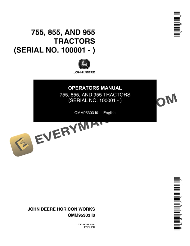John Deere 755, 855, AND 955 Tractor Operator Manual OMM95303-1