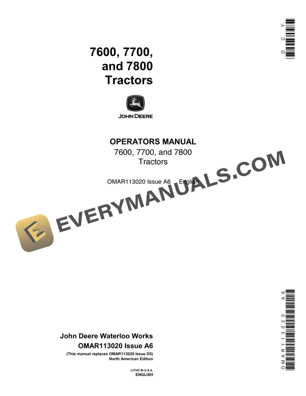John Deere 7600 7700 7800 Tractor Operator Manual OMAR113020-1