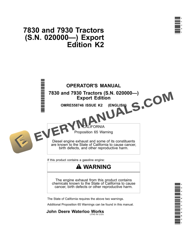 John Deere 7830 And 7930 Tractors Operator Manuals OMRE558746-1