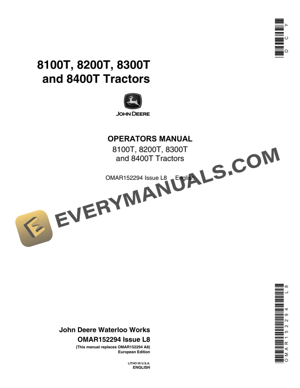 John Deere 8100t, 8200t, 8300t And 8400t Tractors Operator Manuals OMAR152294-1