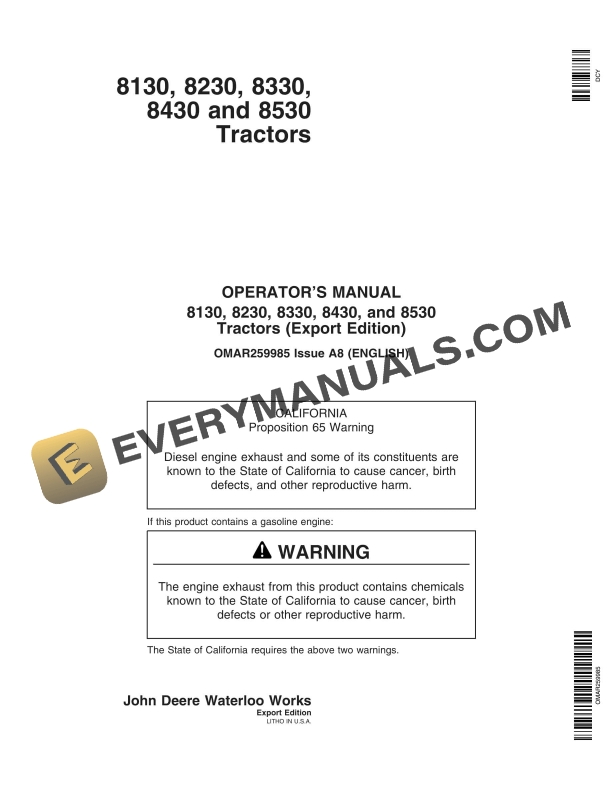 John Deere 8130, 8230, 8330, 8430, And 8530 Tractors Operator Manuals OMAR259985-1
